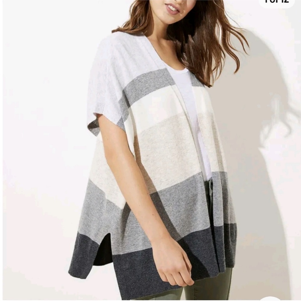 LOFT Wool Blend Striped Open Front Poncho Sweater Cardigan Neutral Gray L XL
